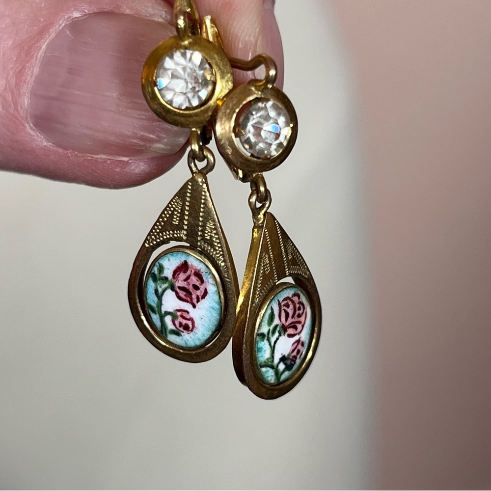 Antique Victorian gold Fill Art Nouveau Hand Painted Flowers Dangle Earring - Picture 12 of 13